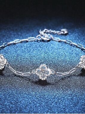Sterling Silver Crystal Clover Bracelet - White